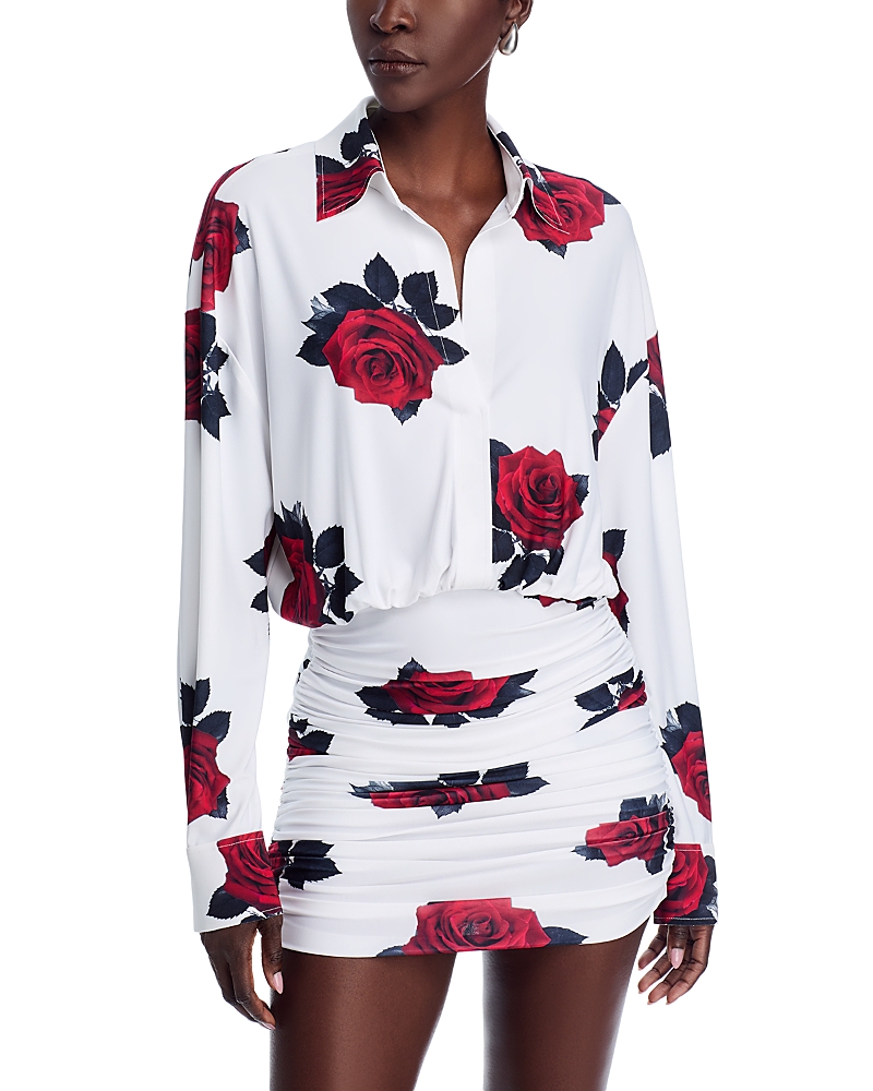 Norma Kamali Oversized Boyfriend Shirt Shirred Bottom Mini Dress