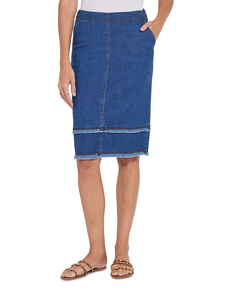 Lyssé Evelina Fringed Denim Pencil Skirt In Mid Wash In Blue