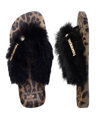 x Dolce & Gabbana Women's Leopard Faux Fur Flip Flops