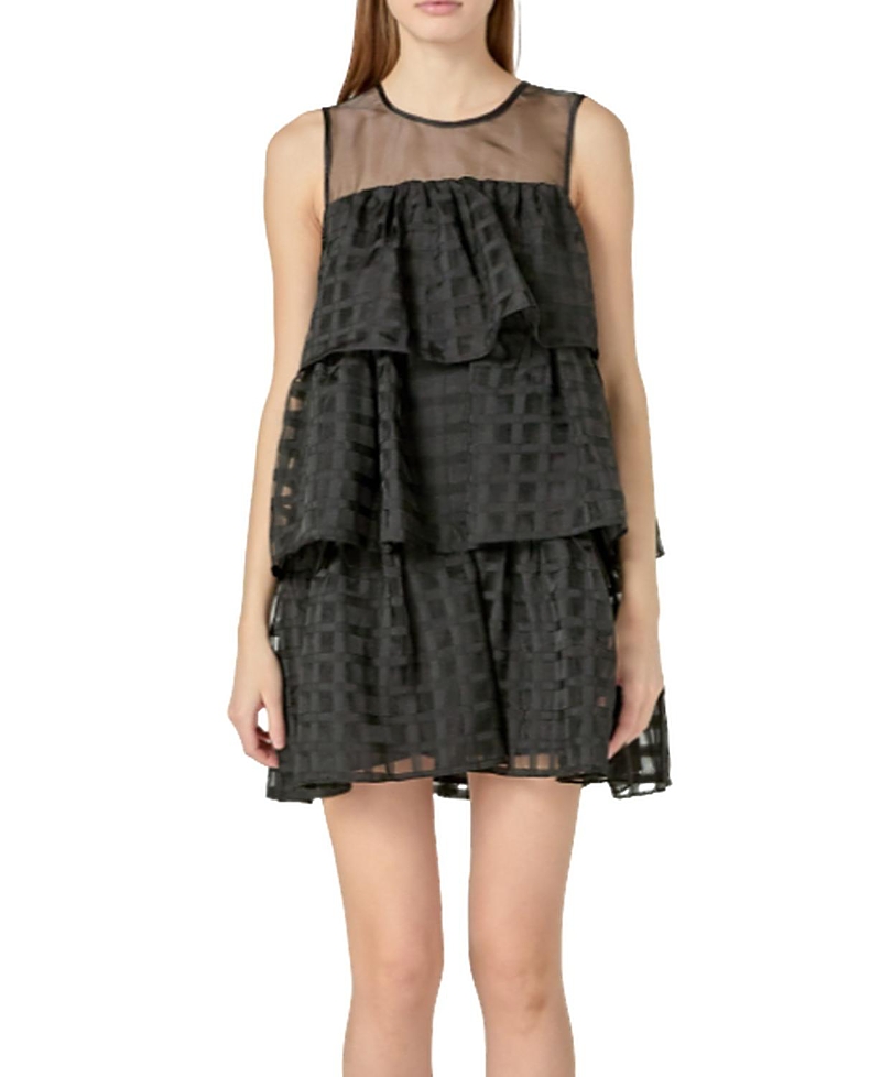 ENGLISH FACTORY WOMEN'S ORGANZA GRIDDED TIERED SLEEVELESS MINI DRESS