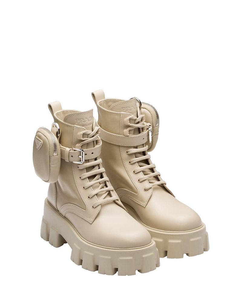 PRADA WOMEN'S MONOLITH LEATHER AND RE-NYLON BOOTS WITH POUCH