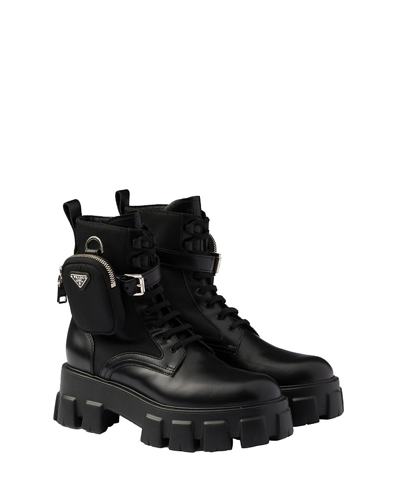 Prada Monolith Side Small Pocket Decorative Lacing Platform Martin Boots In Black