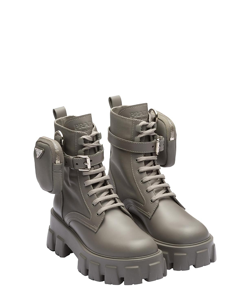 Prada Monolith Leather And Re-nylon Boots With Pouch In Grey