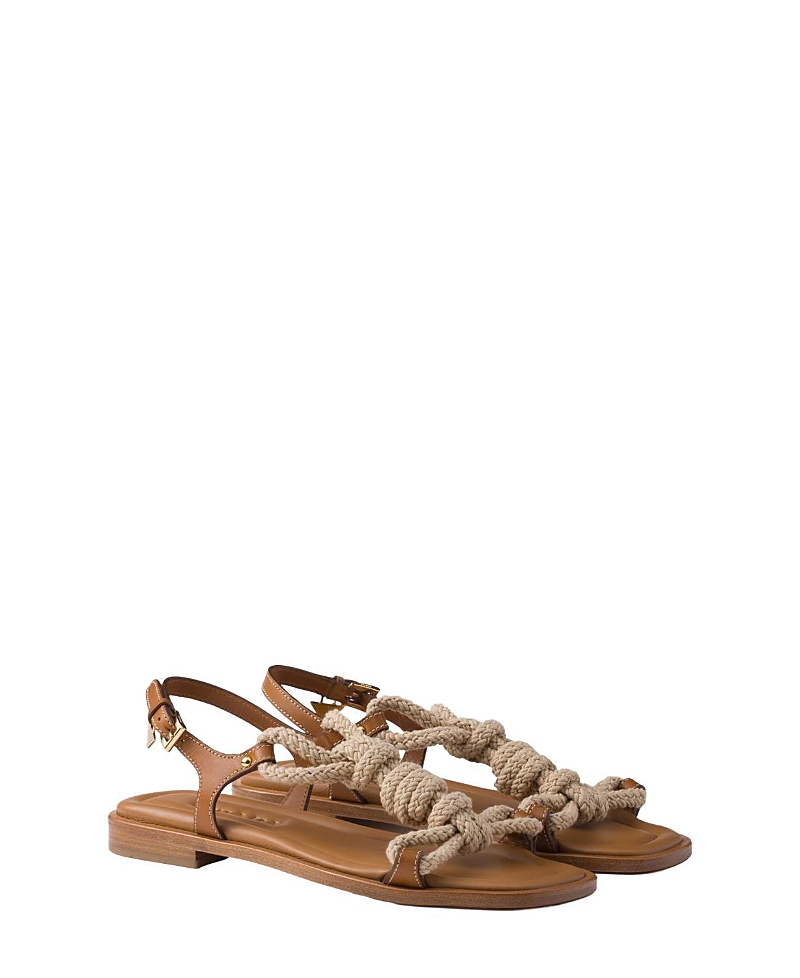 Prada Flat Leather And Cord Sandals In Brown