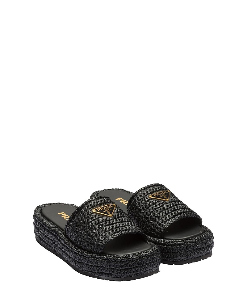 Prada Crochet Wedge Slides In Black
