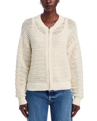 Open Knit Bomber Crewneck Cardigan Sweater
