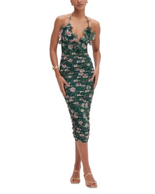 Botanic Ruffle Neck Ruched Midi Dress
