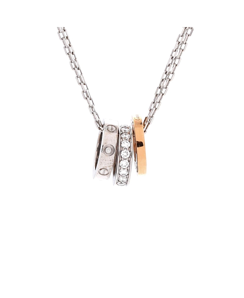Pre-owned Pre-owned Cartier Cartier Love 3 Ring Pendant Necklace 18k Rose Gold And 18k White Gold With Diamonds