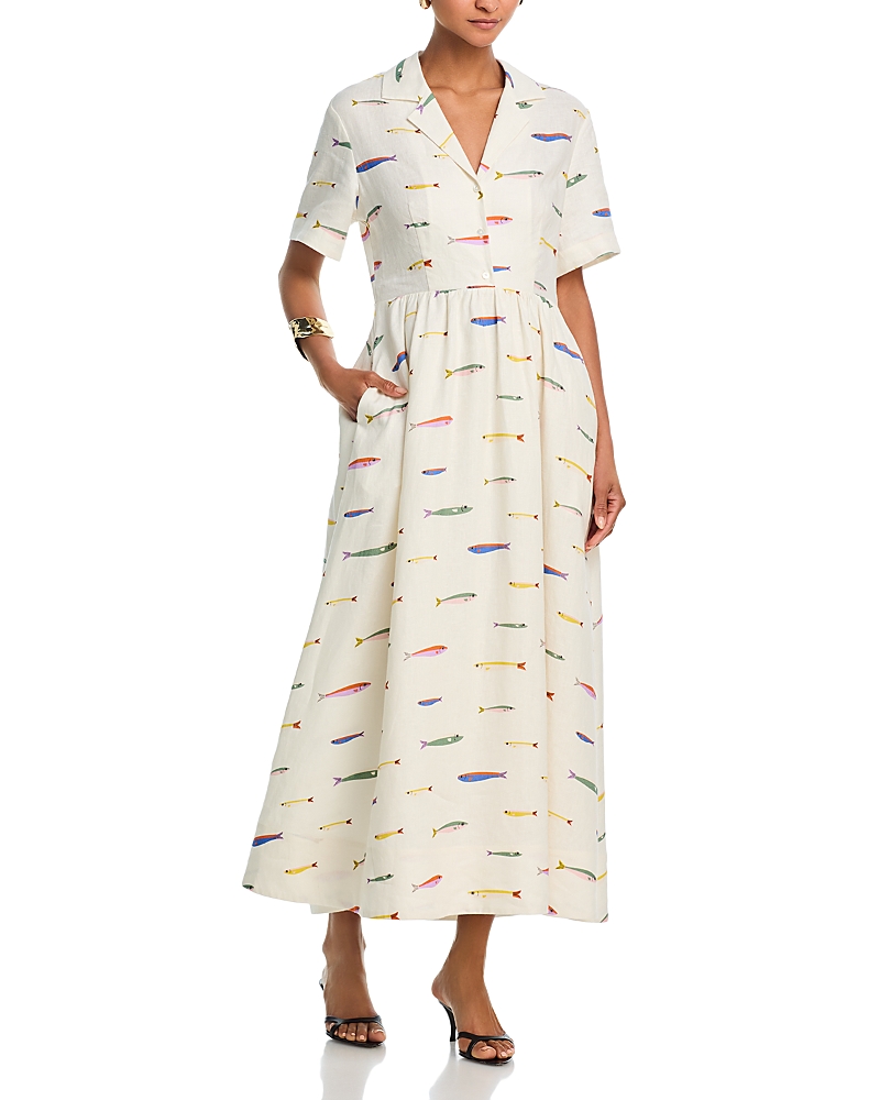 Staud Meryl Printed Linen Shirt Dress In Gray