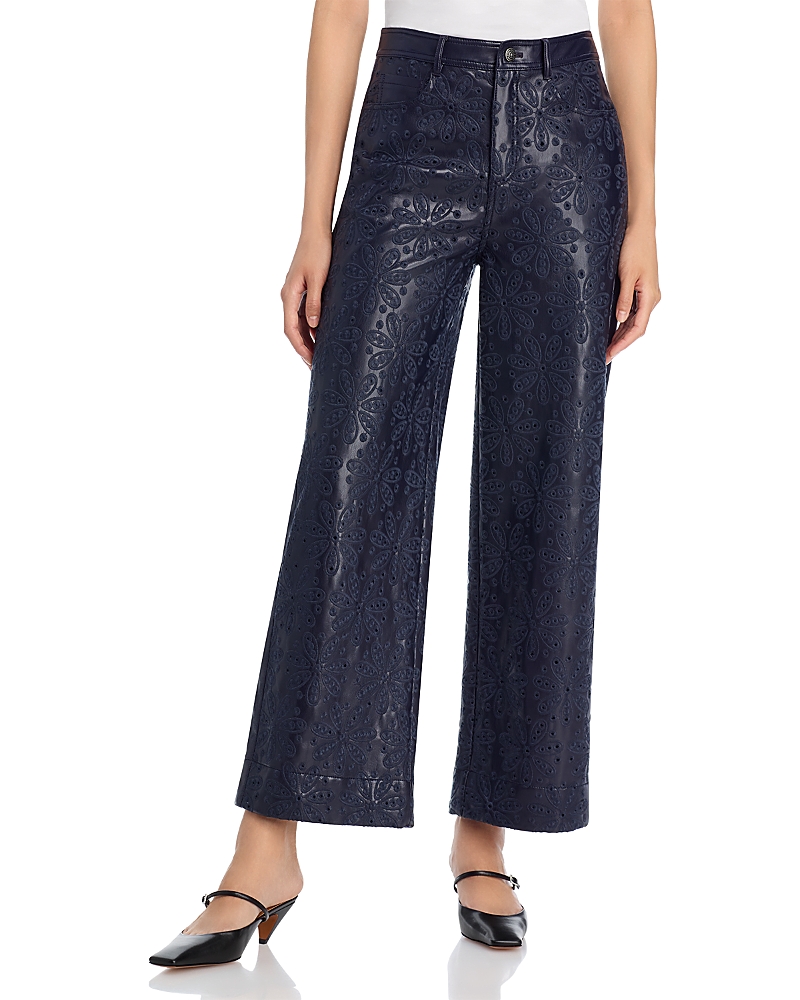 Cinq a Sept Embroidered Faux Leather High Rise Jeans in Navy