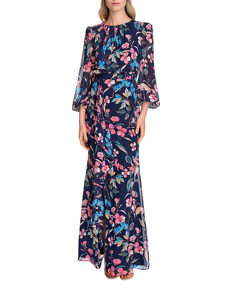 ELIZA J LONG SLEEVE CASCADING RUFFLE GOWN