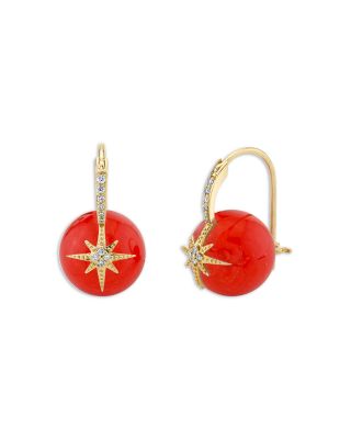 14K Yellow Gold Diamond Starburst & Red Coral Drop Earrings