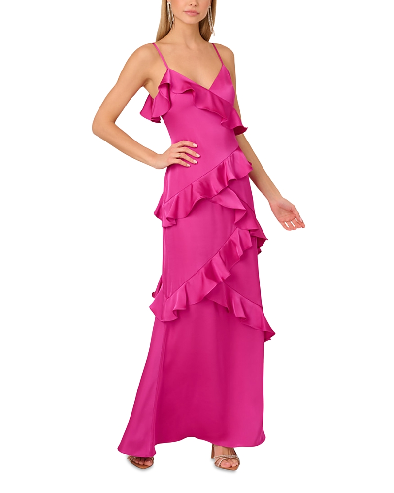 Adrianna By Adrianna Papell Stretch Satin Ruffle Long Dress