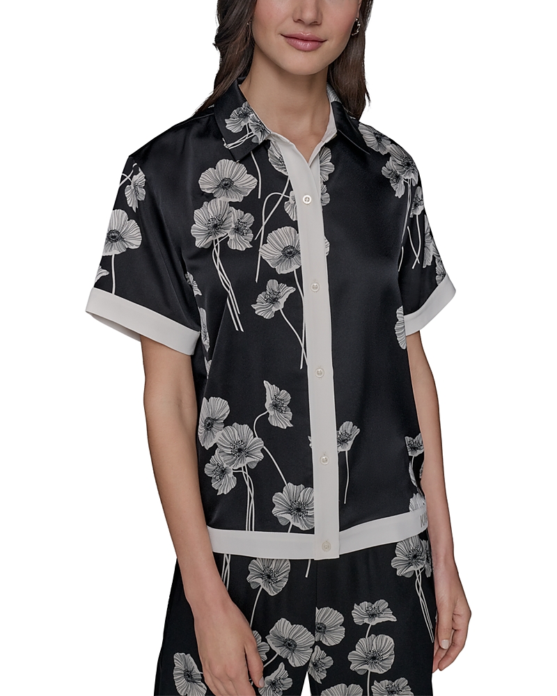 Karl Lagerfeld Petite Floral Print Satin Button-front Shirt
