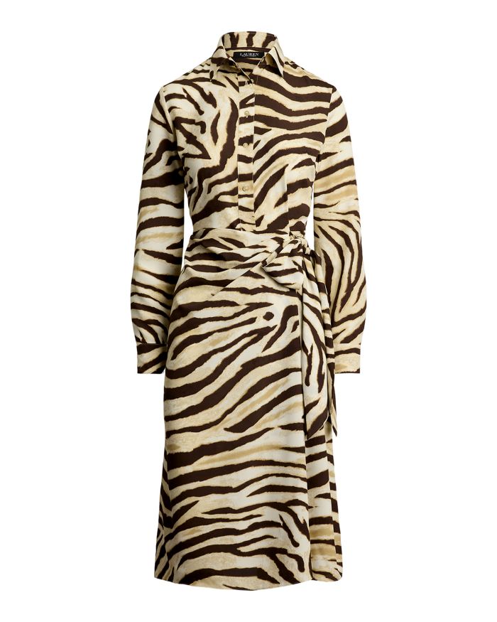 Zebra Print Tie Front Crepe Shirtdress