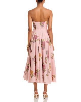 Rousseau Light Pink Cross Stitch Floral Linen Strapless Midi Dress