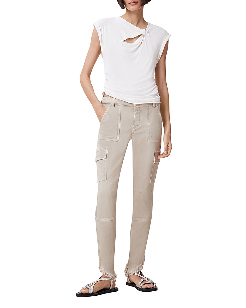 ALLSAINTS DURAN ASYMMETRICAL HEM SKINNY CARGO JEANS IN CREAM WHITE