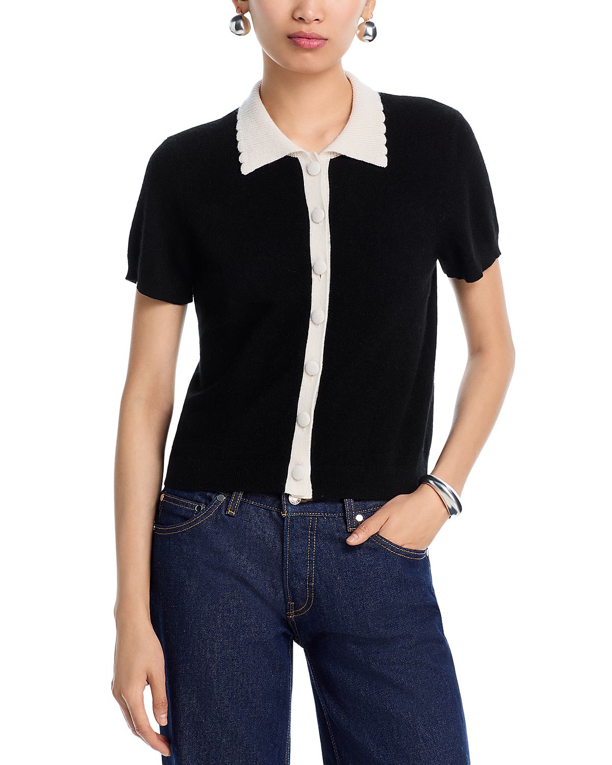 Aqua 100% Cashmere Short Sleeve Colorblock Cardigan - Exclusive