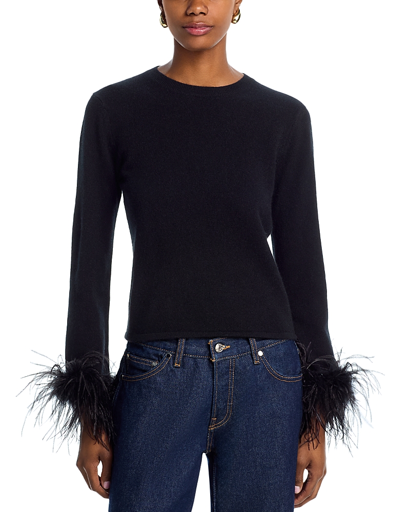 Aqua Feather Trim Cashmere Crewneck Sweater - Exclusive In Black
