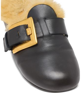 Women's Flat Leather and Faux Fur Mules