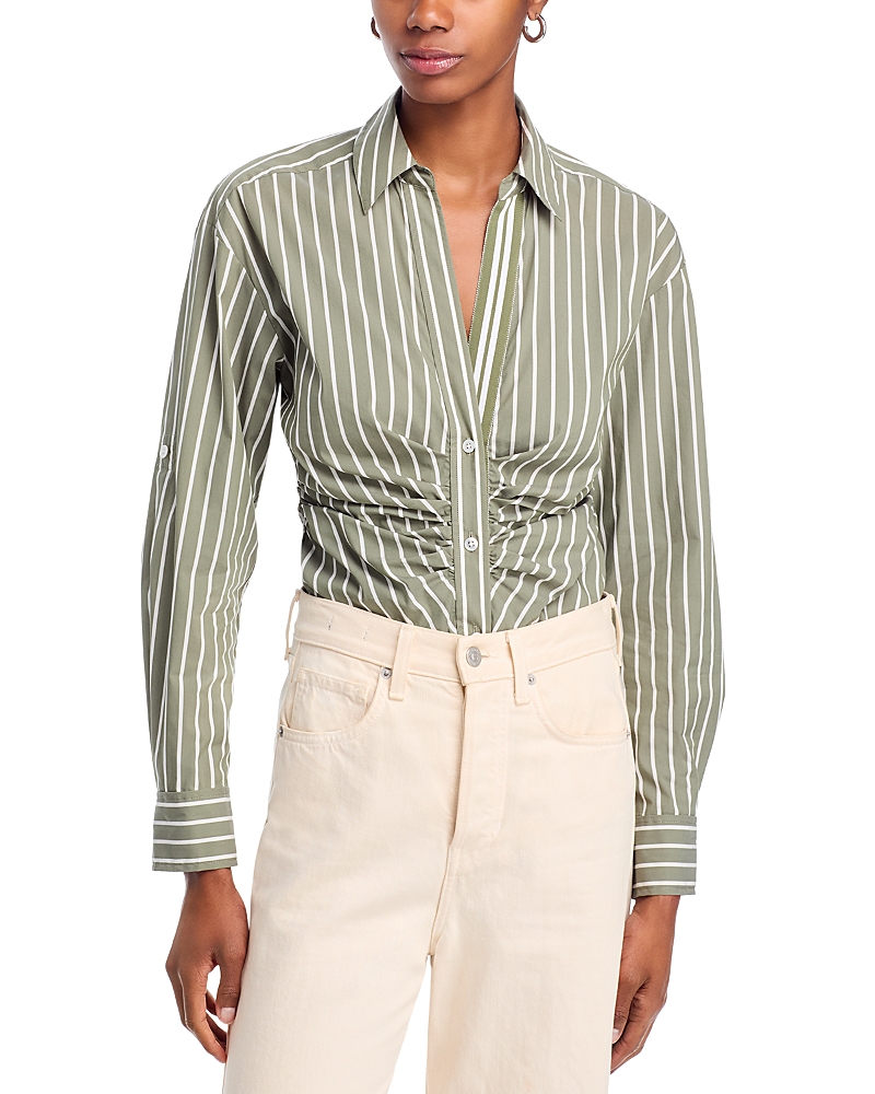 Veronica Beard Devra Stripe Center Ruched Shirt In Green