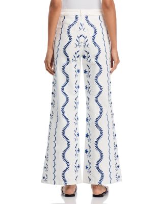 Embroidered High Rise Wide Leg Jeans in White/Blue - Exclusive