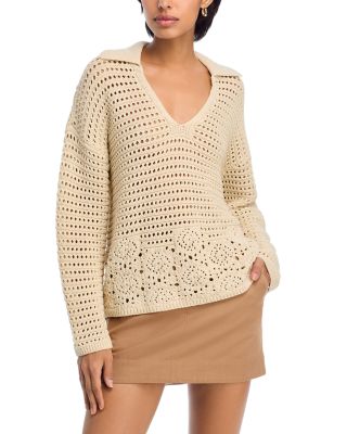 Crochet V Neck Polo Sweater - Exclusive