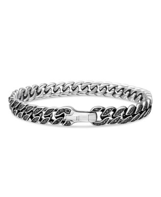 Men's Curb Chain Bracelet in Sterling Silver with Black Diamonds, 8mm