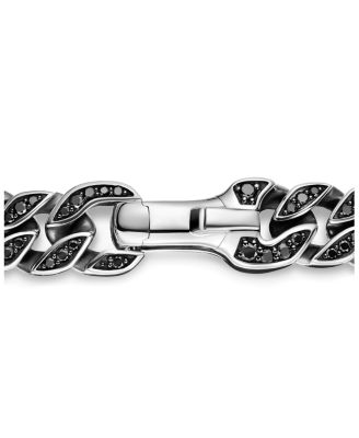 Men's Curb Chain Bracelet in Sterling Silver with Black Diamonds, 8mm