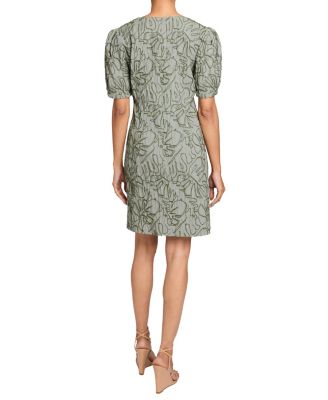 BIANCA A-Line Shift Dress with Puff Sleeves in Abstract Stretch Cotton Cloque