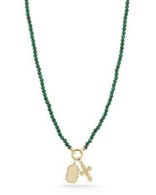 14 Yellow Gold Malachite Beaded Clip Bale Pendant Necklace, 17"