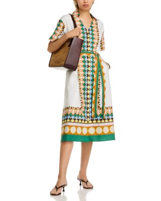 Printed Elbow Sleeve Tie Waist Dress