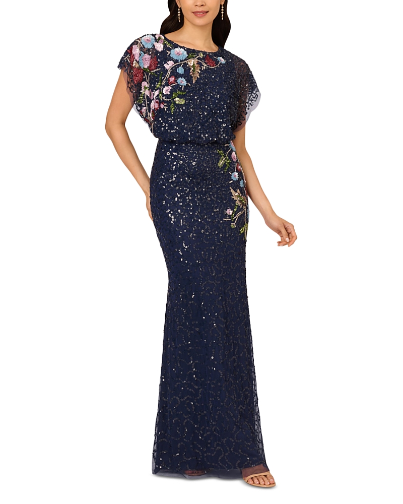 Adrianna Papell Beaded Mesh Mermaid Long Dress