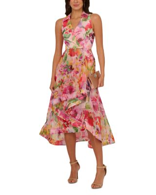 Collared Floral Printed High Low Dress