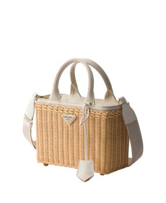 Medium Wicker and Linen Blend Tote Bag