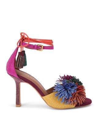 Women's Suede Pom Pom Ankle Tie Sandals