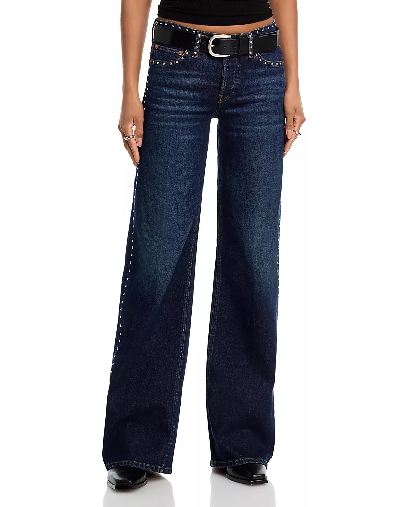 Re/Done Studded Mid Rise Wide Leg Jeans in Barely Worn Stud