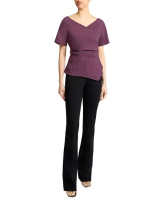 MURPHY Short Sleeve Wrap Top with Asymmetric Tucked Closure in Stretch Cotton Blend