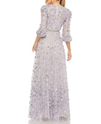 Floral Applique Puff Sleeve High Neck A-Line Gown