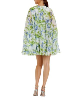 Floral Print High Neck Ruffle Hem Cape Mini Dress