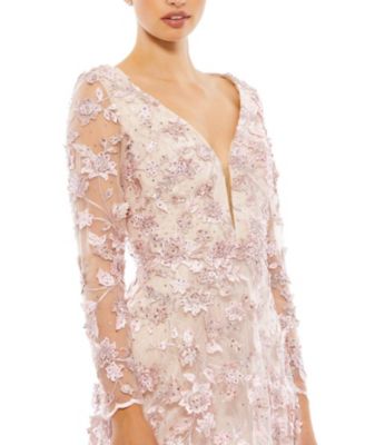 Floral Applique Long Sleeve Illusion Gown