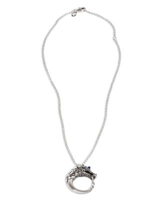Brushed Sterling Silver Naga Pendant Necklace with Black Sapphire, Black Spinel and Blue Sapphire Eyes, 16"