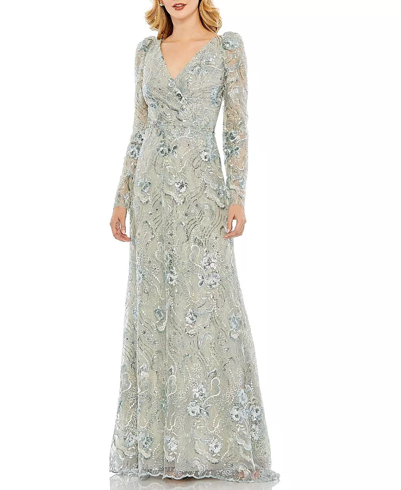 Mac Duggal Embroidered Wrap Over Puff Sleeves Trumpet Gown