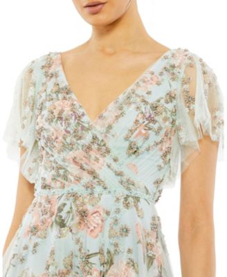 Embellished Floral Gown with Mesh Flutter Sleeves and Beaded Waist