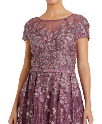 Embroidered Tulle Cap Sleeve Gown