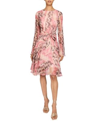RONI Long Sleeve Fit and Flare Dress in Printed Silk Chiffon
