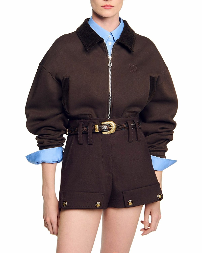 Sandro Cropped Zippered Sweatshirt In Brown