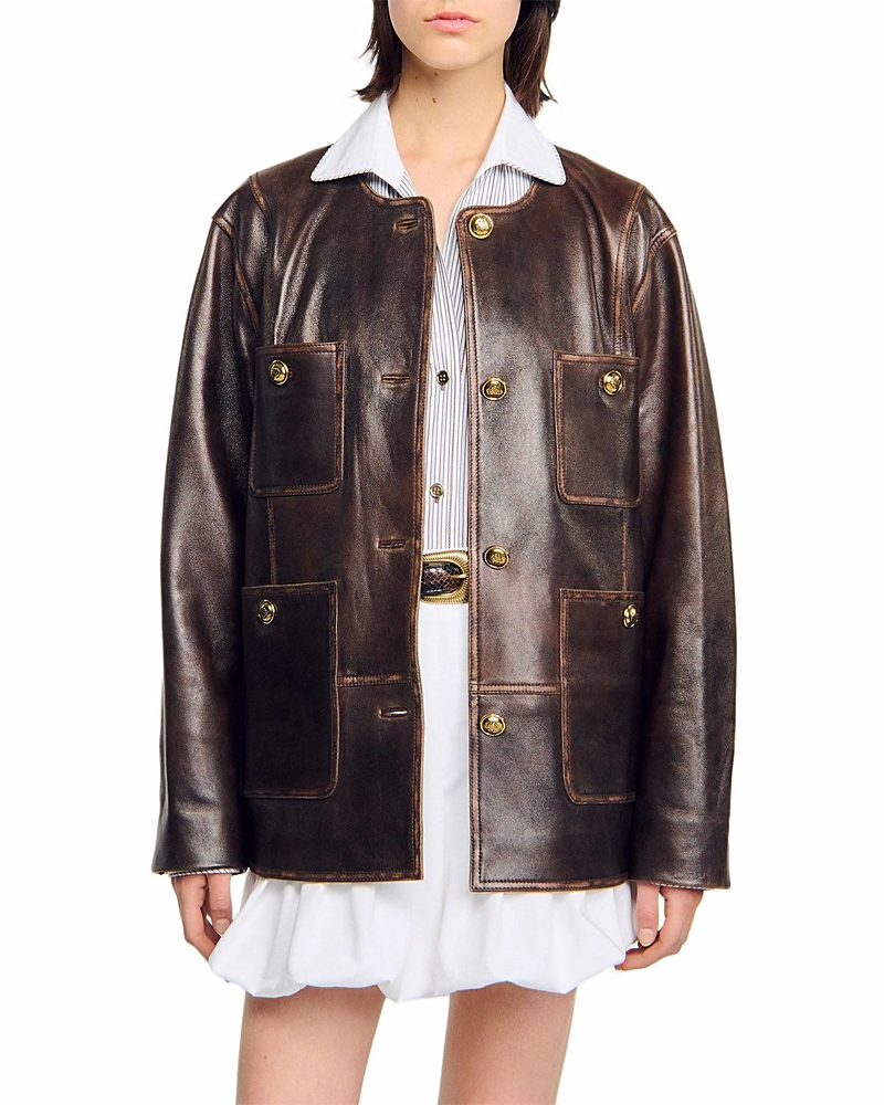 Sandro Womens Black Brown Distressed Button-embellished Leather Jacket In Multi