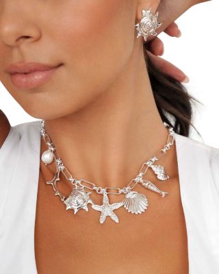 Oceanic Dreams Cubic Zirconia & Cultured Freshwater Pearl Shell Charm Statement Necklace, 15"-18"