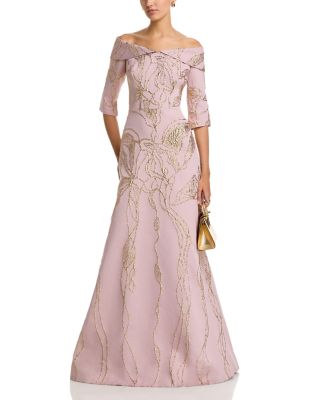 Jacquard Folded Off-the-Shoulder Elbow Sleeve Gown